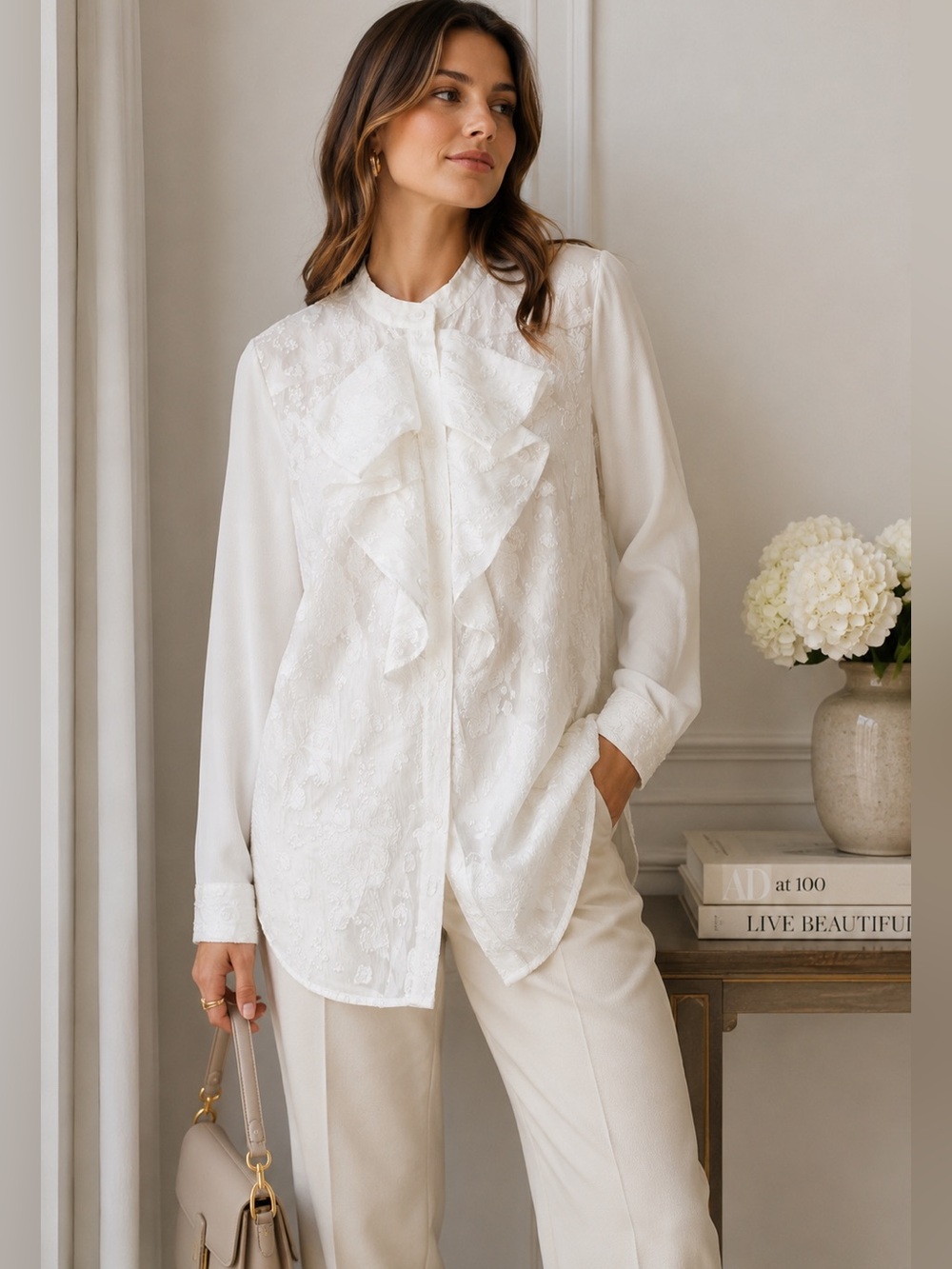 Simon Chang Ivory Floral Jacquard Bow Blouse Tunic Size 12